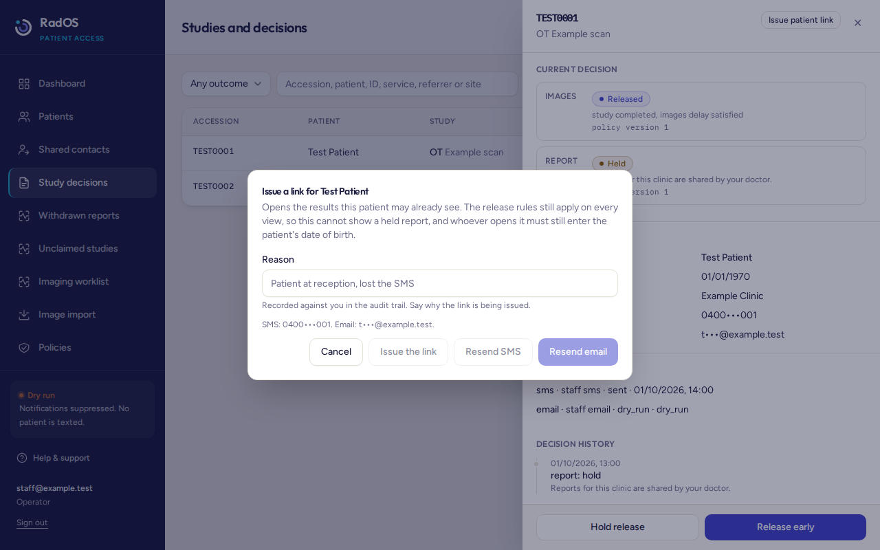 Issue a patient link for Test Patient. The reason box shows hint text. SMS shows a masked mobile and email shows a masked address. The buttons say Resend.