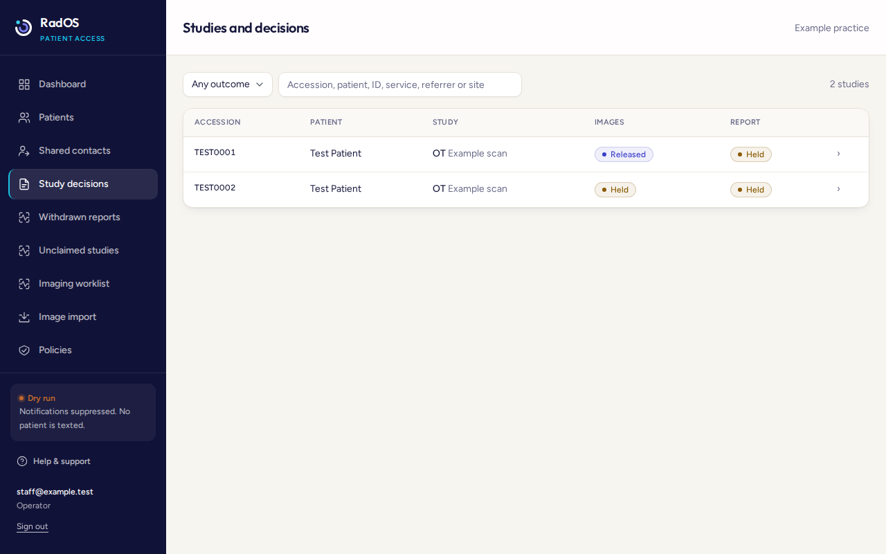Study decisions list for Test Patient, accession TEST0001, with the report held and the images released.