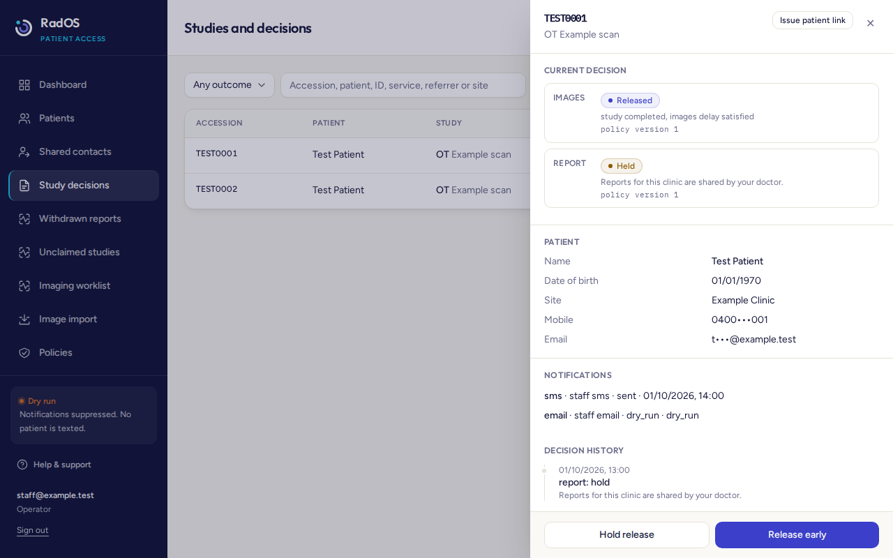 Study panel for TEST0001. Images are released. The report is held because reports for this clinic are shared by the doctor.