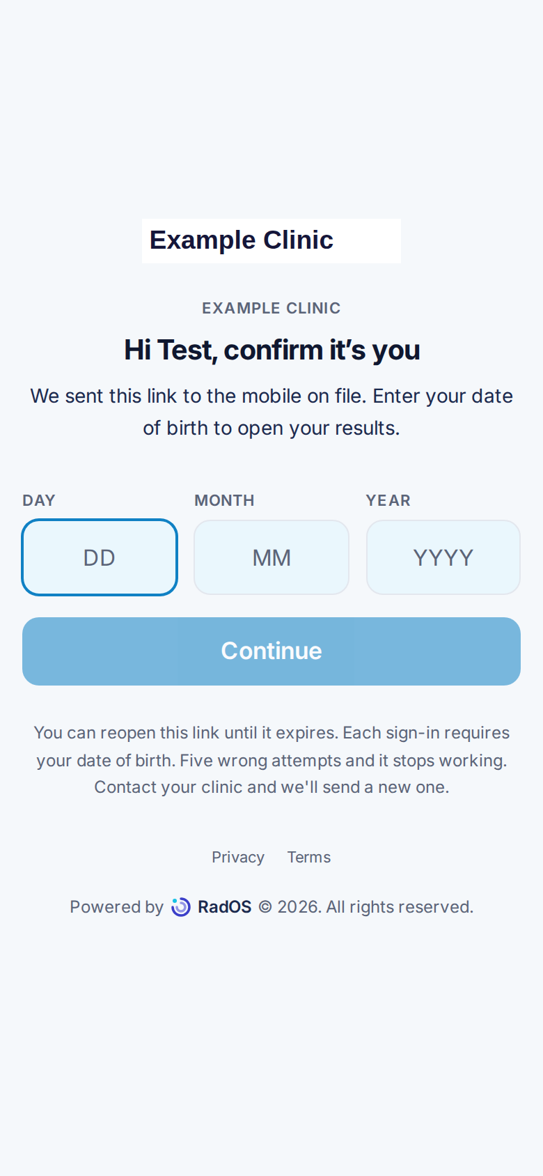 Link check for Example Clinic asking Test to enter day, month, and year. The button says Continue.