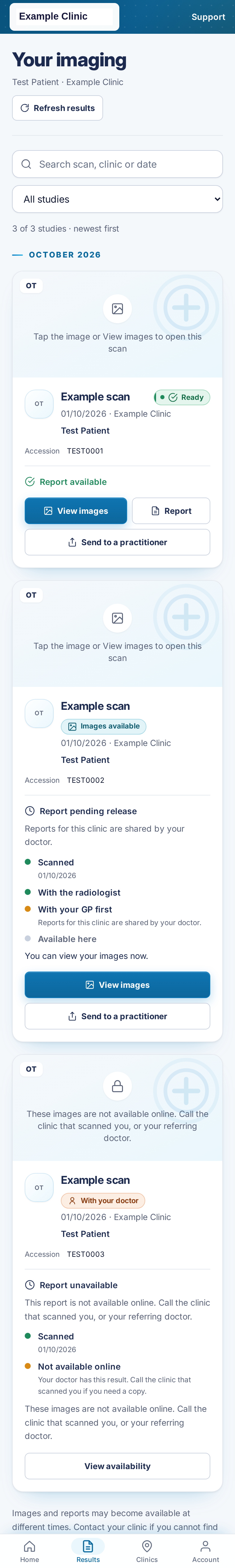 Results list for Test Patient with three fictional studies: one ready, one held for the doctor, and one not available online.